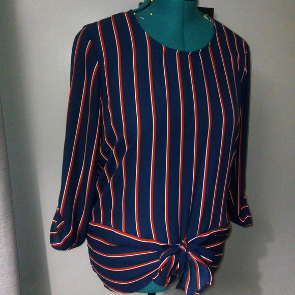 Maurice’s Pinstriped Tie Waist Blouse Sz Large Red White & Blue - Picture 14 of 15